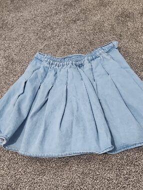 Light Blue Pleated Denim Skirt - Women's Casual Skirt